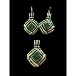 3 Pc Sterling Silver Green Agate Drop Earrings 
Pendant Set Modernist 925